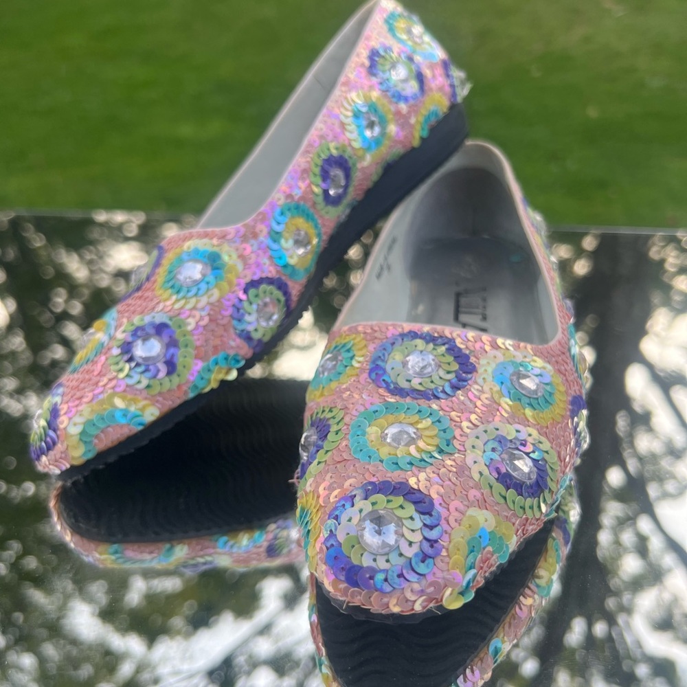 Radical Pink Blue Yellow Purple and Silver Sequined Dressy Flats - Picture 2 of 10